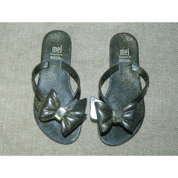 Mini Melissa Mel Flip Flop Black Gold Glitter Scented Bow Sandal Girl's Size 11 - Picture 3 of 6